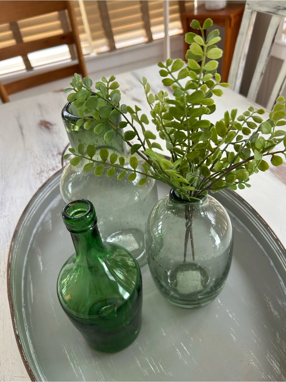 Green tabletop decor Glass vase accents shades of green Rustic modern farmhouse